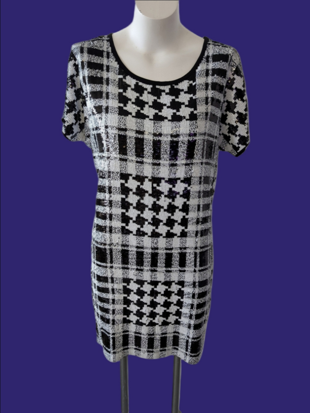 Dress By Michael Kors Black/ White Sequin Shift Short Sleeve Women's Dress S